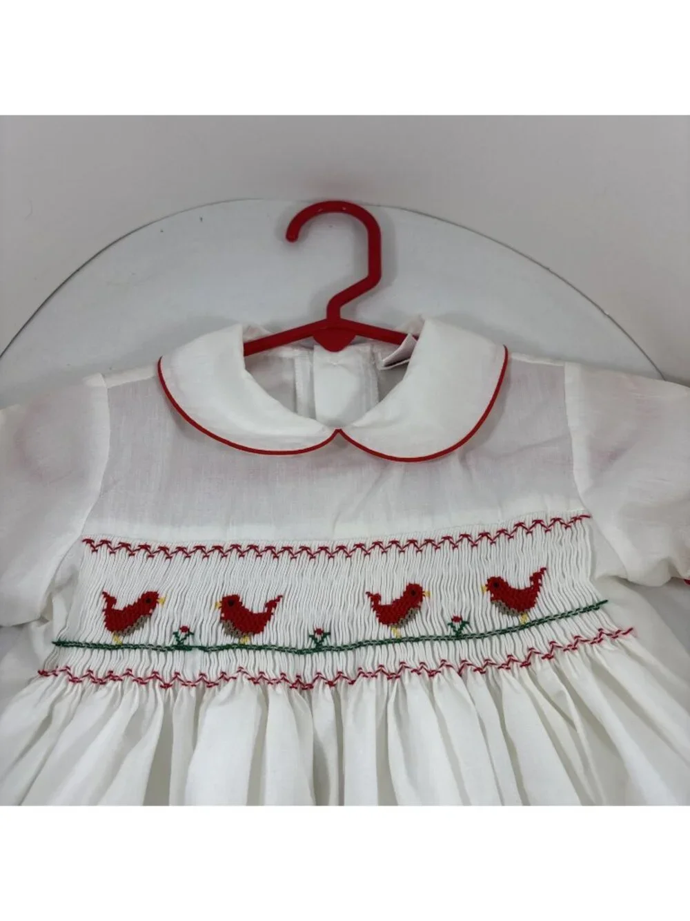Inisex 12-18M White Smocked Bubble Romper Red Bird VINTAGE USA